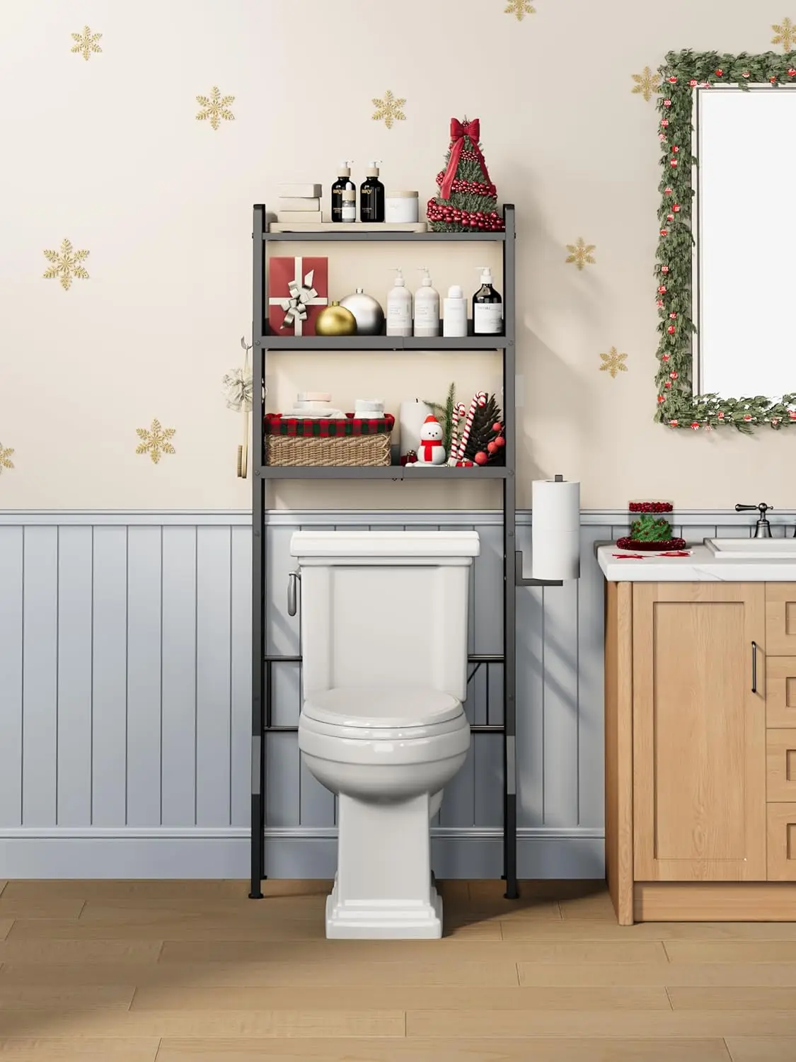 

3-х уровневая регулируемая металлическая полка для хранения над унитазом с держателем для бумаги и крючками, компактный черный органайзер для ванной комнаты