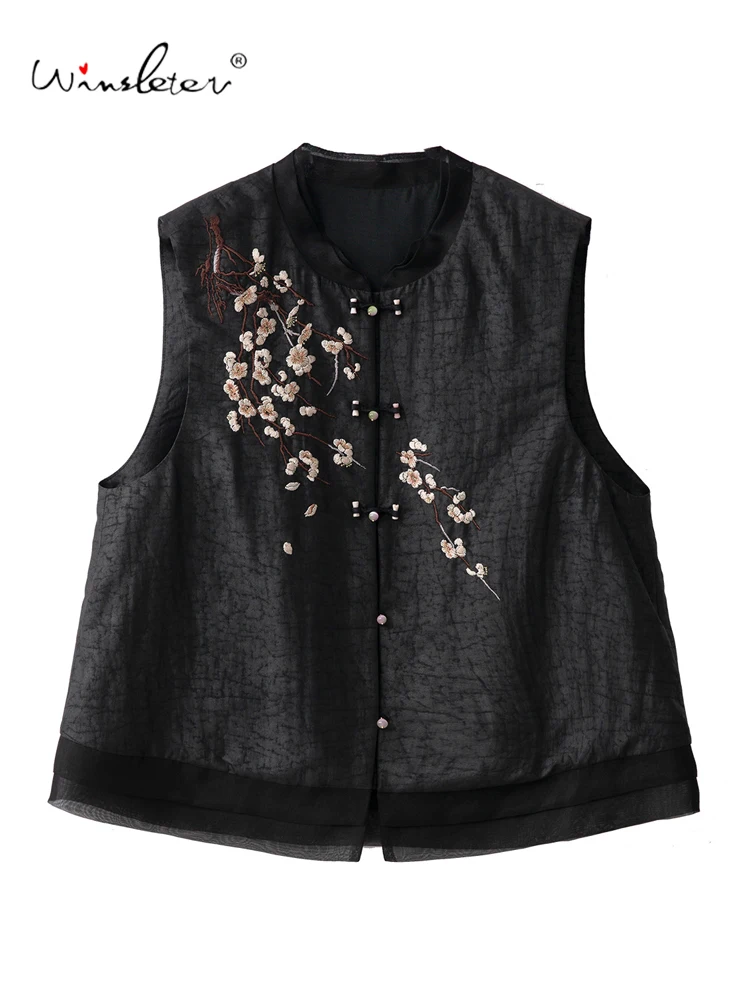 

Winsleter-100%Real Silk Watered Gauze Elegant Vest Coat, Embroidery Organza, Women Retro Commute Waistcoat, 2025 Autumn C59707CC