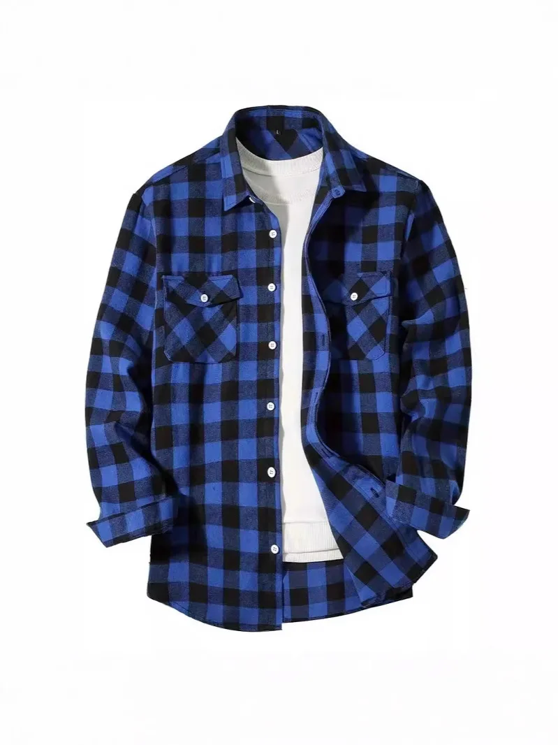 Casual Plaid Color Summer Men's Long Sleeve Shirt Printed Lapel Shirt Men and Women Fashion Tee Long Sleeve Career Tops