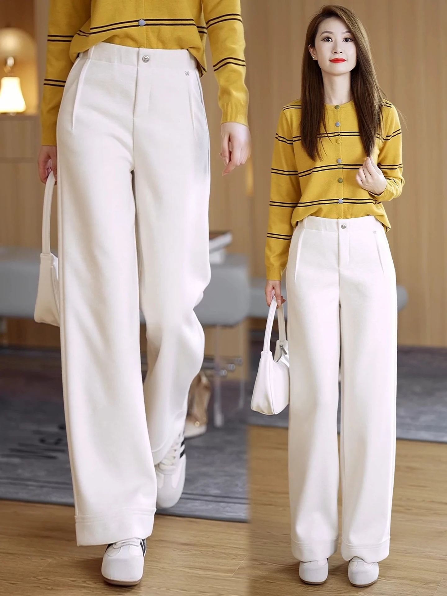 

Women's Wool Wide Leg Pants Autumn Winter New Style Soft Casual High Waist Drapey Fleece Lined Straight Leg Pants