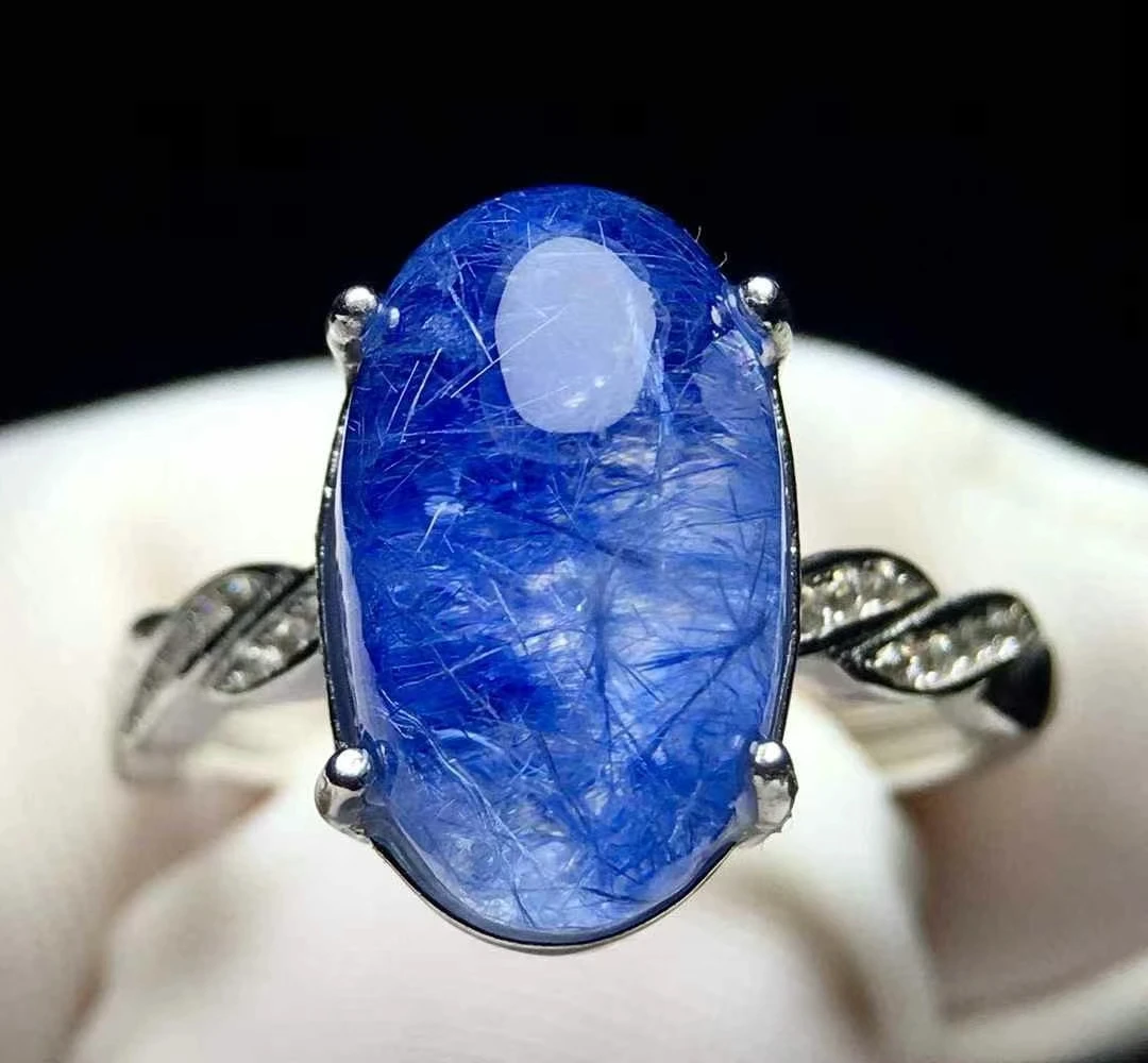 

Natural Blue Rutilated Dumortierite Quartz Adjustable Ring 14.3/8.8/8.2mm Oval Pendant Woman Men Ring Jewelry AAAAAAA