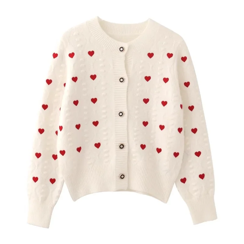 

Embroidery Heart Knit Women Cardigan Sweater V Neck Single Breasted Knit Jumpers Top Autumn Winter Female Jacket Coat