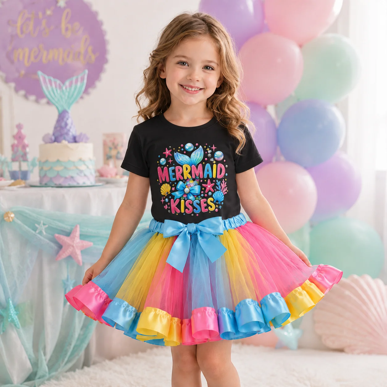 2-teiliges Meerjungfrauen-Outfit für Mädchen, bedrucktes T-Shirt mit „Mermaid Kisses“-Motiv und Regenbogen-Tutu-Rock für Geburtstag/Fotografie – Detail 4