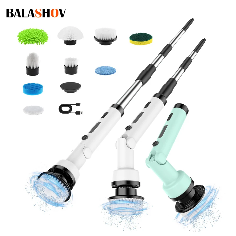 Electric Spin Scrubber Cordless Cleaning Brush with 9 Replaceable Brush Heads Adjustable Handle for Bathroom Floor Tile Kitchen