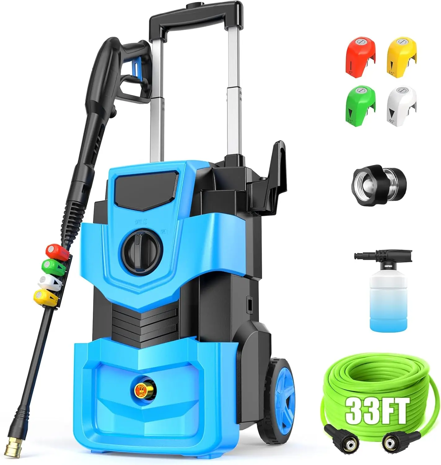 

Pressure Cleaner with 33FT Hose, 34FT Cord, 4 Nozzles, Foam Cannon - Blue