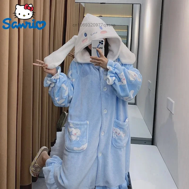 Sanrio Cinnamoroll New 2 Pcs Hooded Pajamas Set Women\'s Cotton Plush Autumn Winter Cartoon Pajamas Student Flannel Home Clothes