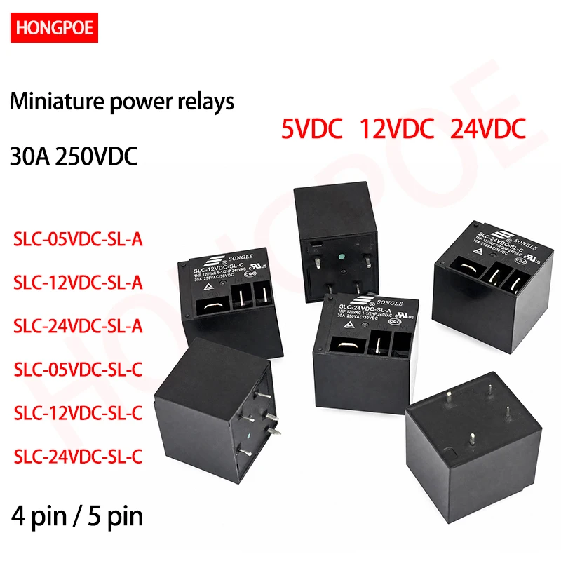 5pcs/pk Miniature High Power Relay SLC-5V/12V/24VDC-SL-A/C Sealed Type 30A 250VDC PCB Mount for HVAC Refrigerator Home Appliance