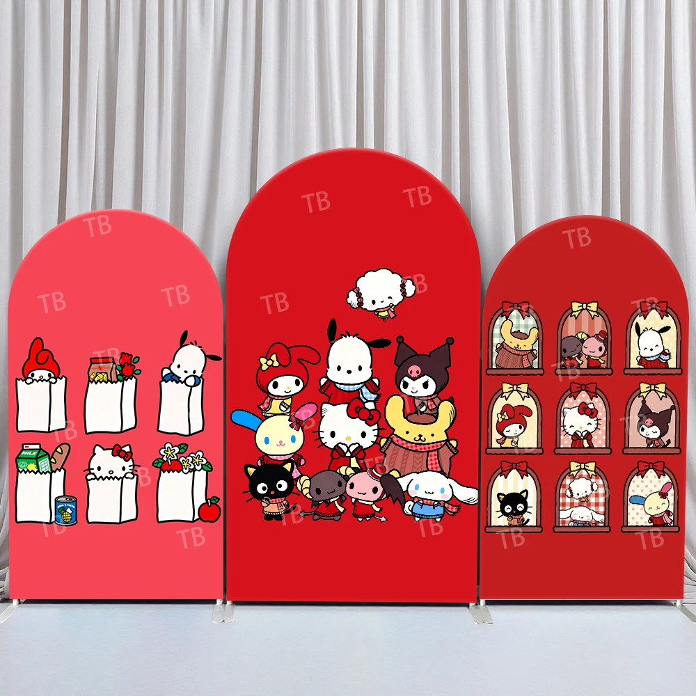 

Sanrio Characters Red Festive Style Arch Backdrop Cover Joyful Festive Scene For Kids Birthday Baby Shower Photo Booth Decor