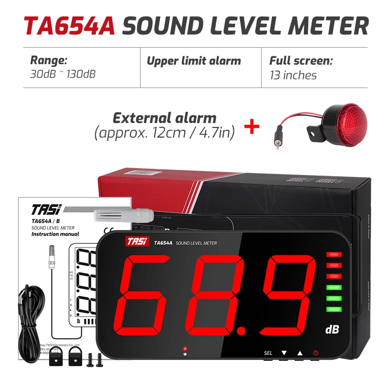 TASI TA654A/B 13 Inches LCD Decibel Meter With External Sensor, Wall Mount Sound Level Meter