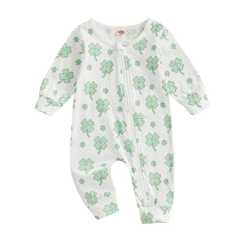 Toddler Baby Irish Day Romper Casual Clover Print Zipper Long Sleeve Jumpsuit for Newborn Girl Boy Cute Clothes