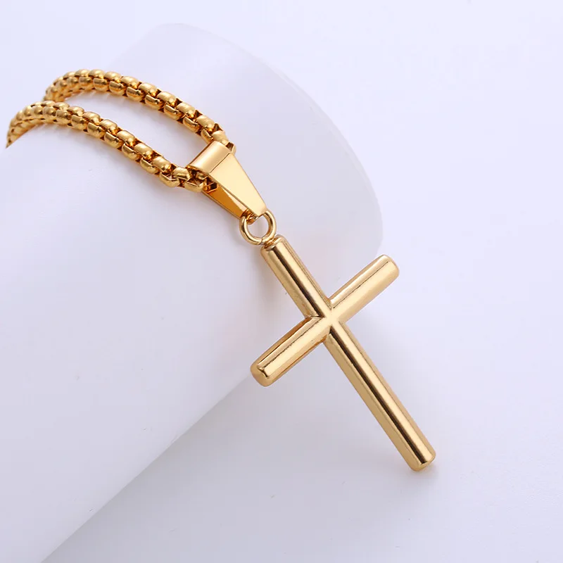 Women Mens Smooth Cross Pendant Necklace Simple Fashion Gold Stainless Steel Box Rolo Chain Jewelry for Friends Boyfriends Gift