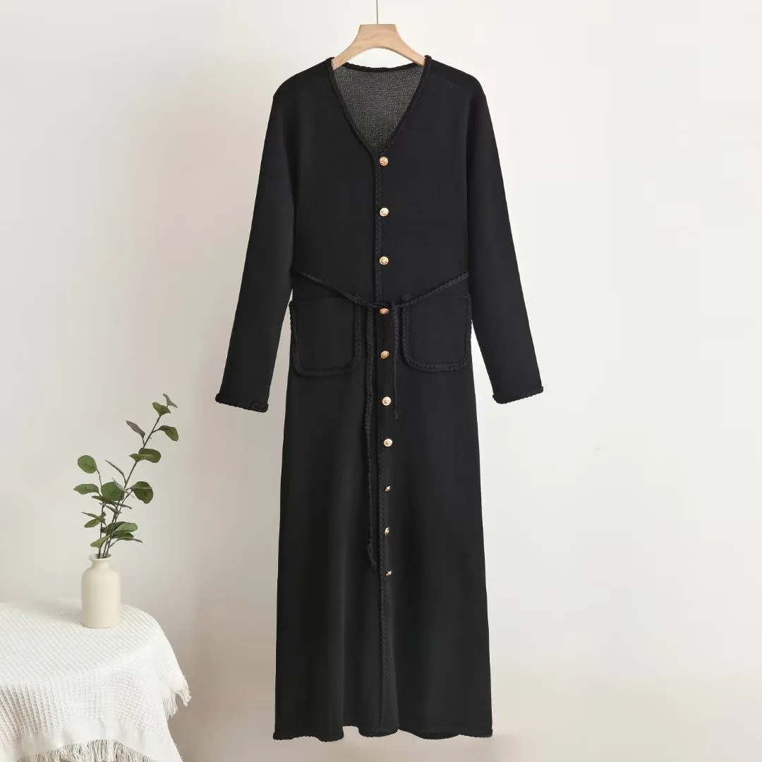 V-ausschnitt Stricken Frauen Kleid 2025, Herbst Elegante Vintage-Mode Damen Kleider Langarm einreiher Schärpen Weibliche Vestidos