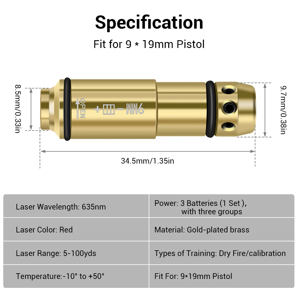 9x19mm Laser Training Bullet Laser Bore Sight 2 in 1 Dual Purpose Laser Pointer for Dry Fire Training Laser Bullet 9mm