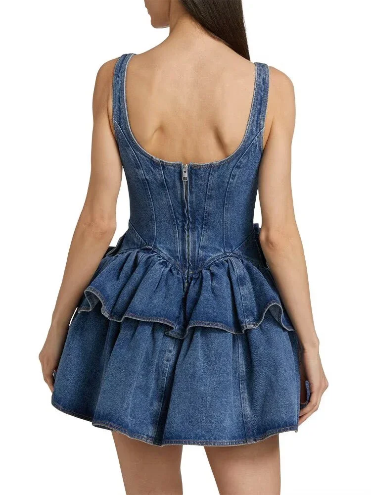FDEY     Novo verão roupas femininas estilo europeu e americano moda tridimensional flor em camadas denim suspender vestido