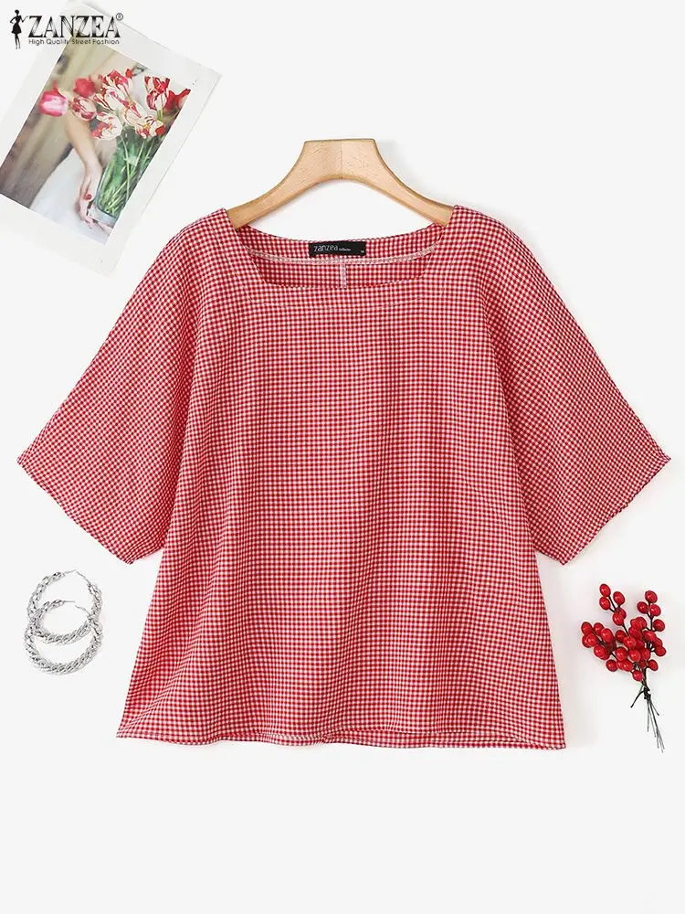 بلوزة صيفية منقوشة من ZANZEA لعام 2025 بلوزات نسائية أنيقة برقبة مربعة وأكمام قصيرة قميص عمل قميص غير رسمي مقاس كبير