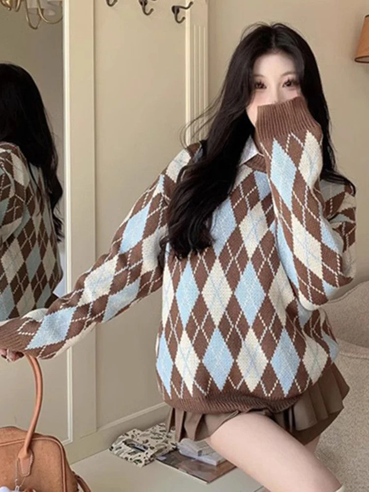 Zoki Vintage Argyle Sweet Sweater Women Korean Loose Soft Knitted Jumper Casual Simple High Quality O Neck Female Retro Tops New