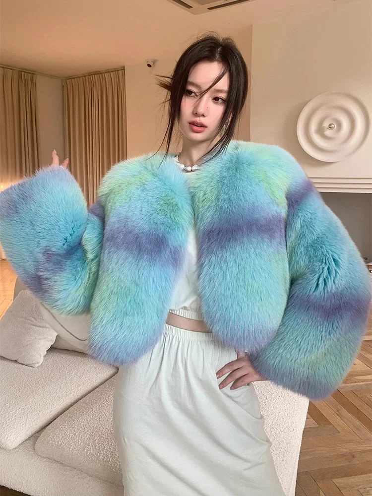 

High-end Luxury Gradient Fox Fur Jacket for Women 2024 New Slim High Waist Cropped Genuine Leather Real Fur Coat Winter