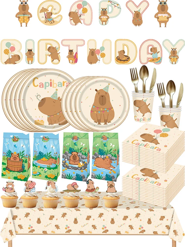 Capybara – décorations de fête d'anniversaire pour enfant fille, assiettes de configuration joyeux anniversaire, serviettes, tasses, nappe, fournitures de table, nouvelle collection