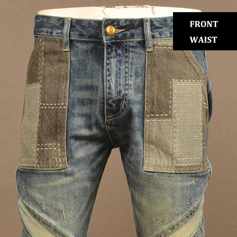 Jeans da uomo di moda di strada Jeans strappati Slim Fit elasticizzati blu lavati retrò da uomo pantaloni di Jeans Hip Hop con giunture di design Patched Hombre