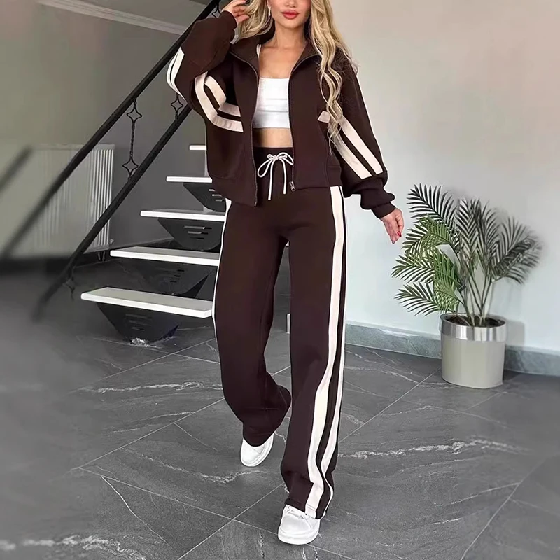 Y2K Two Piece Set Women Fashion Striped Print Lapel Zipper Coat High Waist Pants Outfit Autumn Winter Long Sleeve Suit Tracksuit