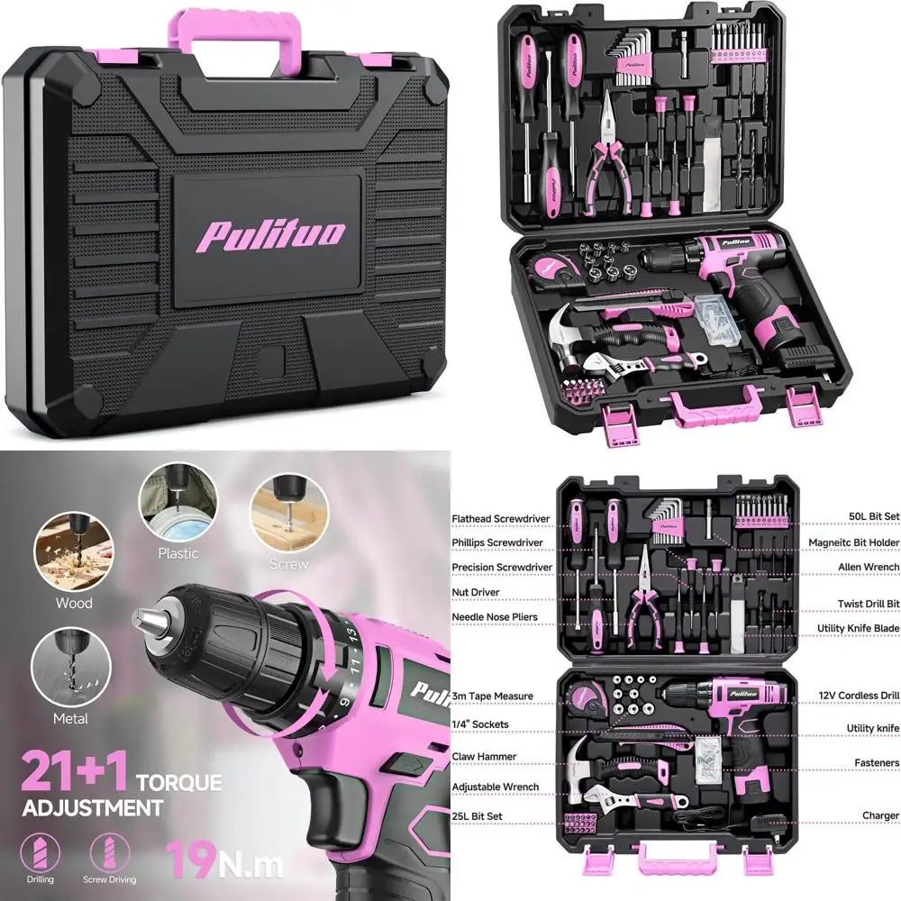 

Набор инструментов, 148 предметов, с розовой аккумуляторной дрелью 12 В, ручными инструментами и ящиком для инструментов, подходит для мужчин, женщин и любителей DIY