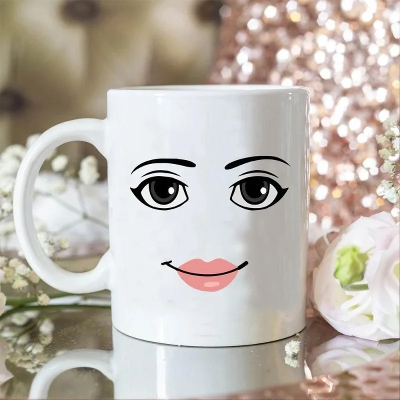 Jogo quente roblox temático dos desenhos animados impressão caneca de expressão facial feminina criativa cerâmica café da manhã café leite copo presente