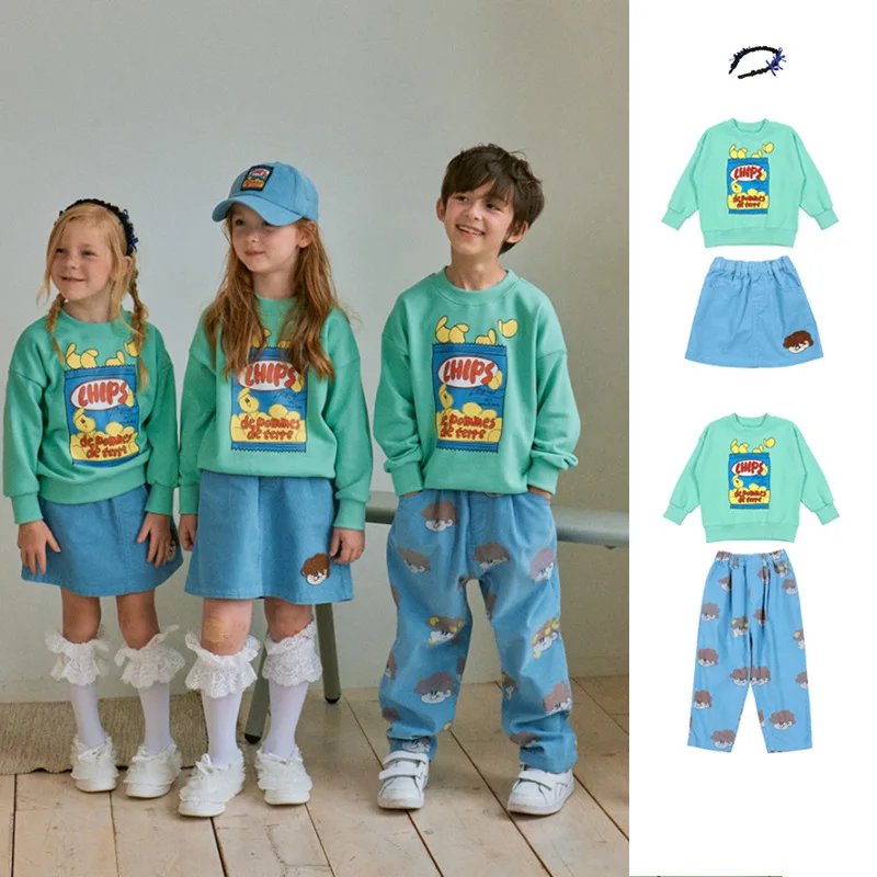 Girls' Autumn Clothes Cartoon Potato Chip Printing Sweatshirt Boys Girls Pullover Spring Active Tracksuit Hoodie Skirt 2Pcs