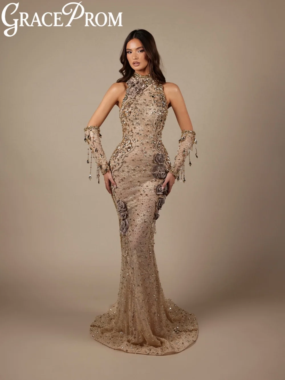 

2026 New Golden Crystal Evening Dress Luxurious Lace Mermaid Wedding Party Gown Customized Glamorous Long Halter Banquet Dresses