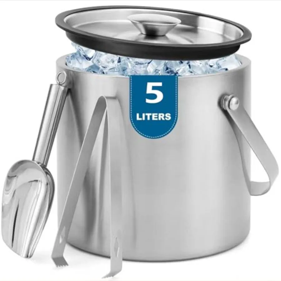 

Ice Bucket Double Wall Insulated Ice Bucket with Lid Scoop Tongs- Inner Layer 304 Stainless Steel Ice Container Keep Ice Frozen