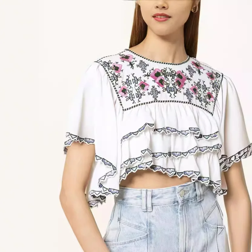 

Shirt For Women 2024 New Spring Summer Embroidery Suffled All-match Sweet Short Sleeve Blouse