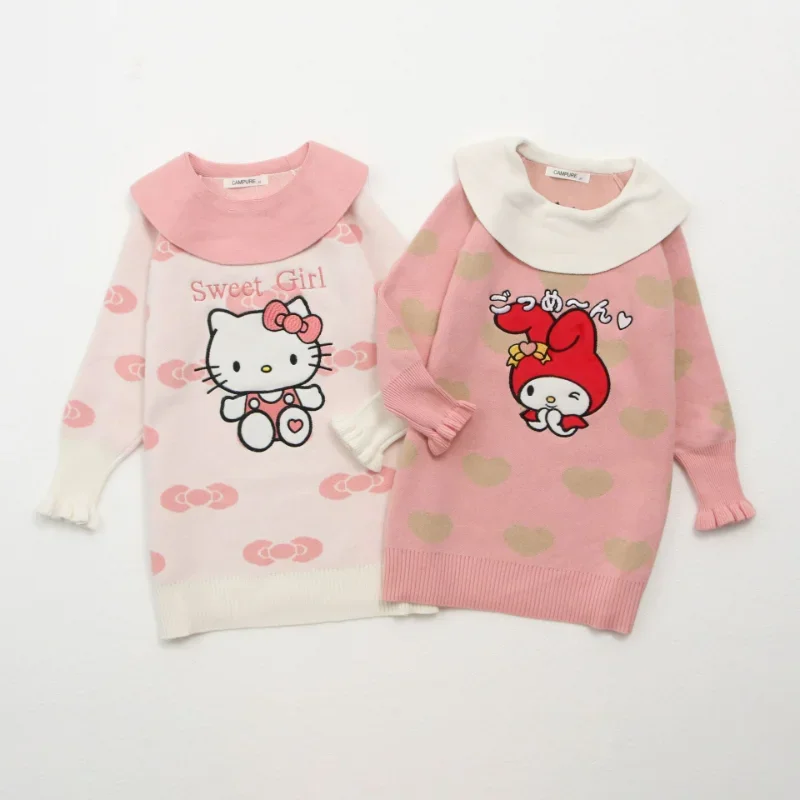 

Kids Clothes Baby Girls Dress Cartoon Hello Kitty My Melody Knitted Dress Kawaii Lotus Collar Embroidered Dress Pure Cotton