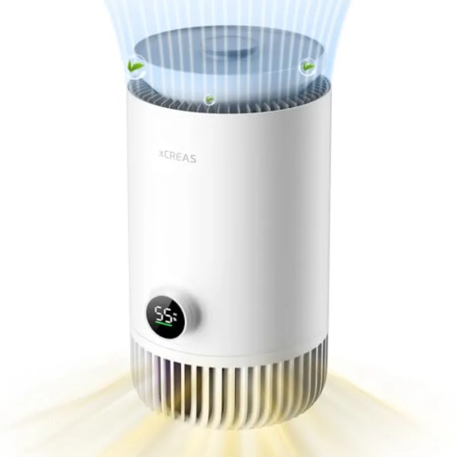 

Bedroom humidifier and air purifier combo: evaporative no-mist HEPA, 0.8-gal top-fill tank, ultra-quiet 23dB, white plastic