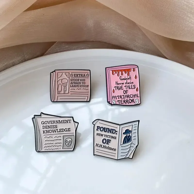 Vintage Newspaper Enamel Brooch Geometric Horror Ghost Lost Found Breaking News Lapel Badge Pins Friends Jewelry For Women Men