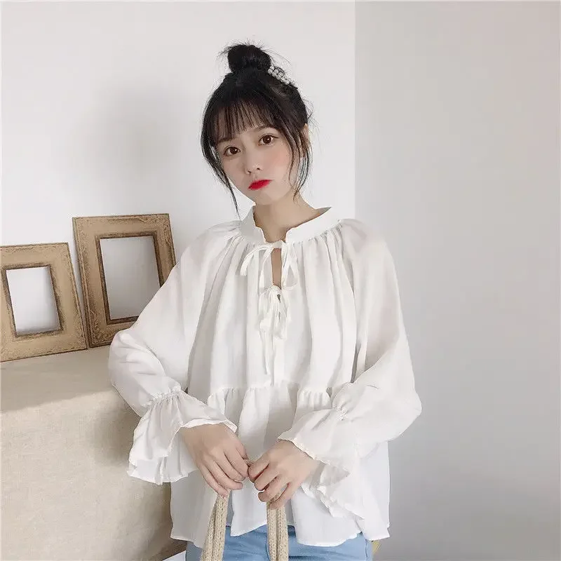 Spring New Long Sleeve White Blouse Solid Color Lacing Loose All-match Pleated Shirt Tops Preppy Style Fashion Women Clothing