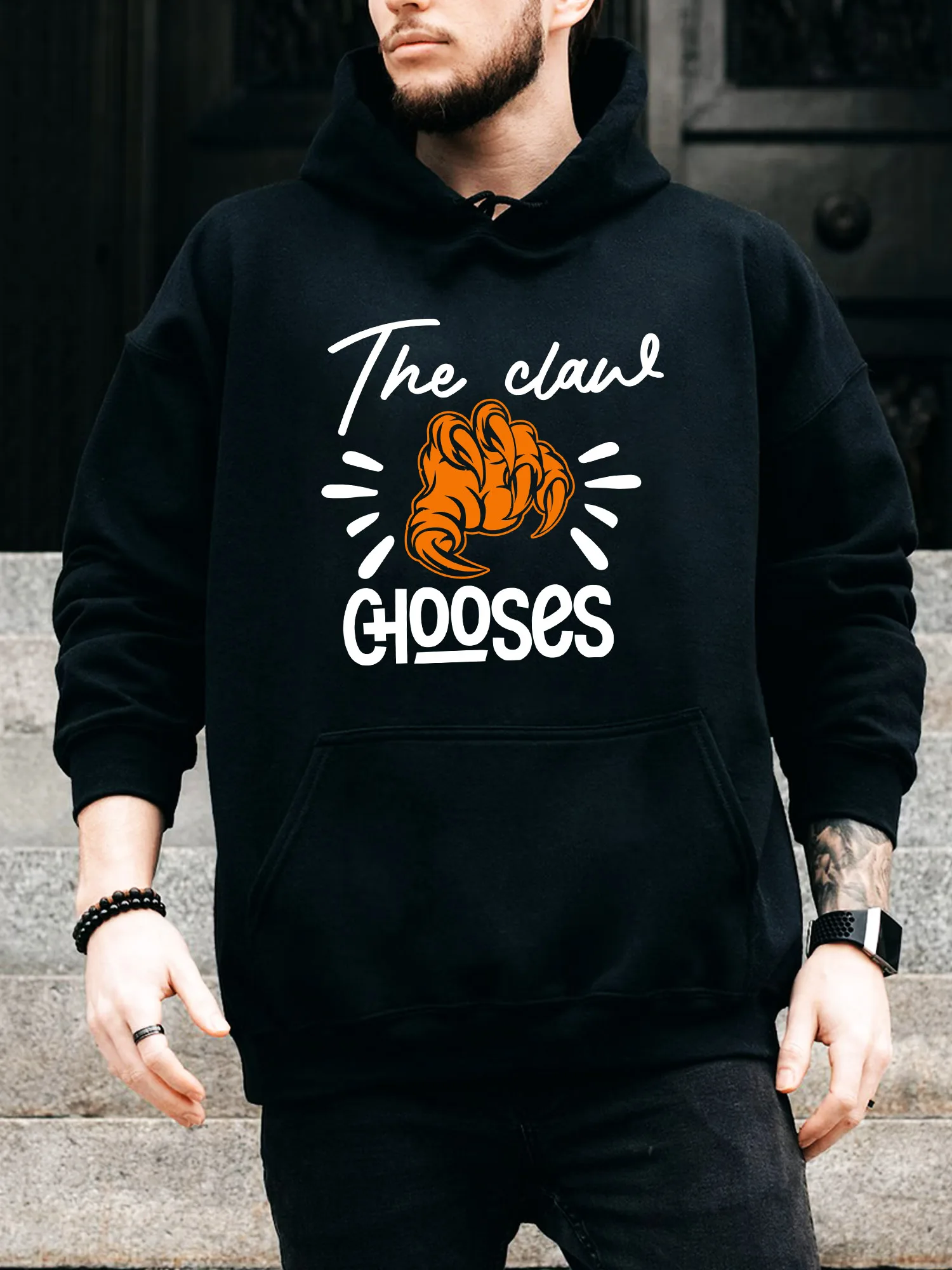 The Claw Chooses Men's Drawstring Hoodie - Casual Comfortable Black Pullover, Fall & Winter Hooded Sweatshirt