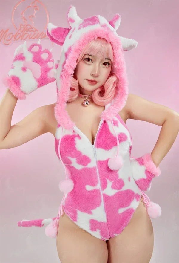 CosplayMobbunny Lencería navideña para mujer, mono de felpa con estampado de vaca, disfraz de Cosplay de pata, mameluco con capucha con guantes de pata y muslo S