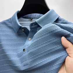 2024 Summer New High End Mesh Hollowed Out Ice Silk Short Sleeve T-shirt Men's Lapel Breathable Polo Shirt Men Brand Clothing