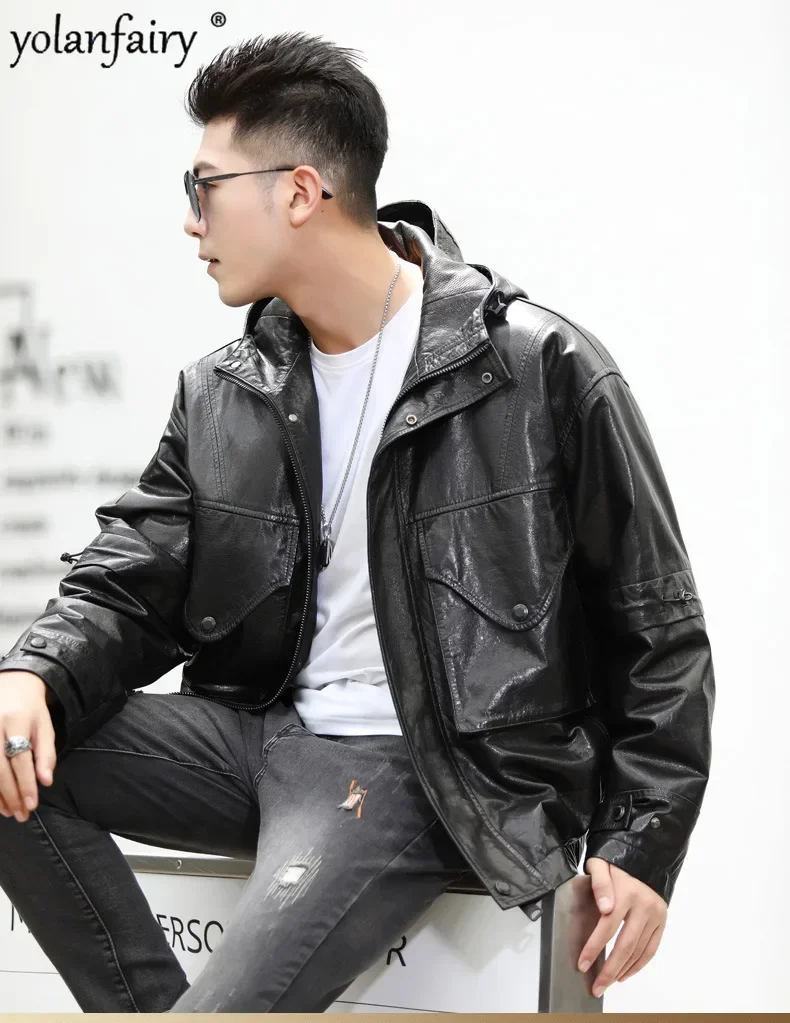 Genuine Leather Jacket Men's Goatskin Coat Dropped Shoulder Loose Leather Down Jackets for Men Hooded Short Winter Coats Male FC