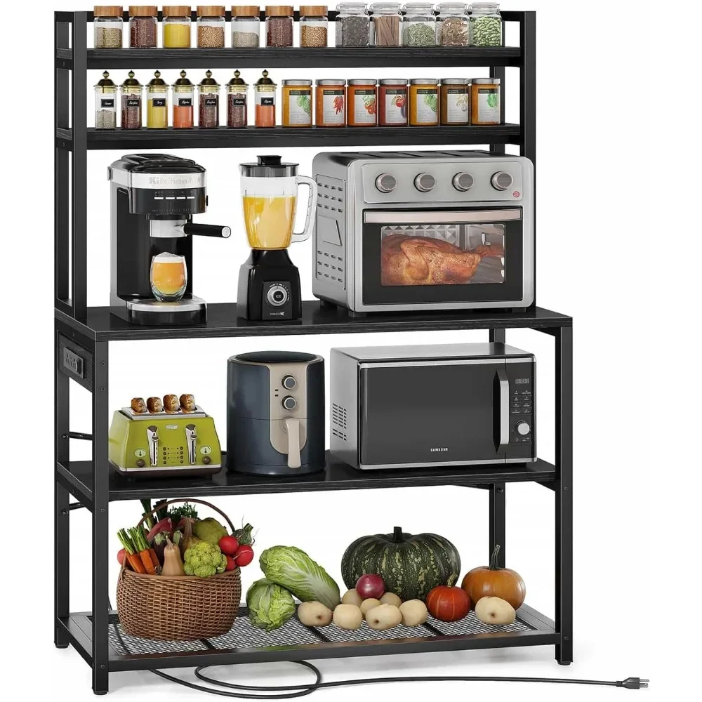 

39.4 Inch Wide Large Bakers Rack with 3 Power Outlets, 5-Tier Microwave Stand with Storage, Freestanding Kitchen Stand