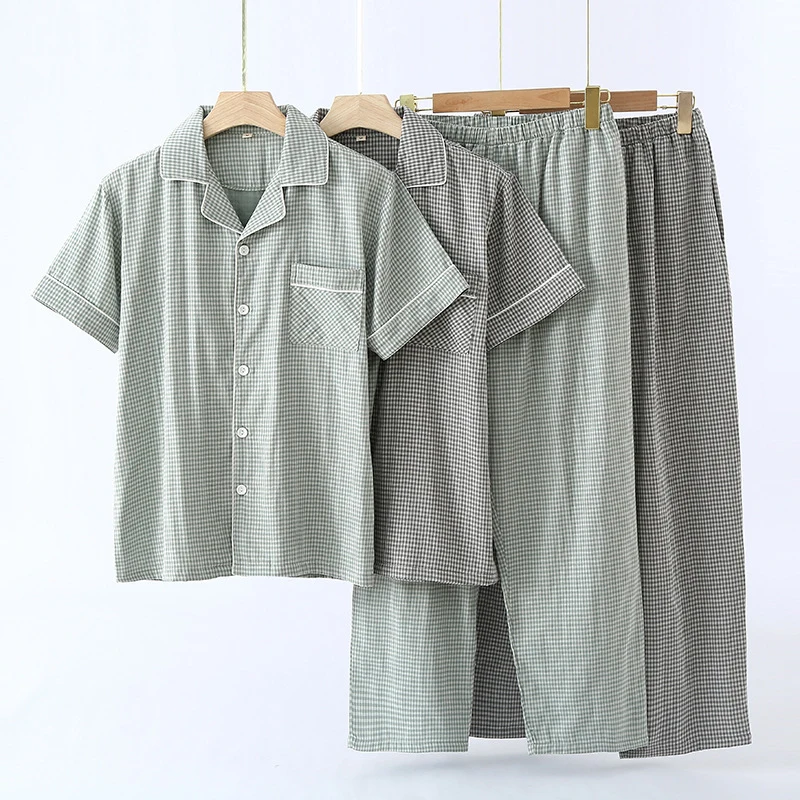 

2pcs Men's Pajama Set Japanese Minimalist Style Plaid Pattern Lapel Short Sleeve 100% Cotton Gauze Lightweight Wearable Outside