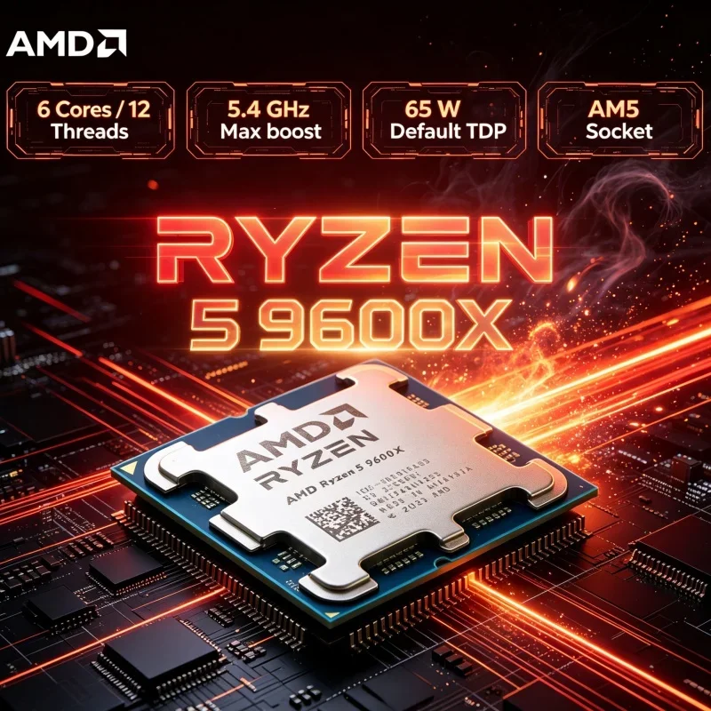 High Efficiency CPU AMD Ryzen 5 9600X 65W TDP 4NM Process 5.4GHz Boost 6 Core 12 Thread 32MB L3 AM5 DDR5 Processor