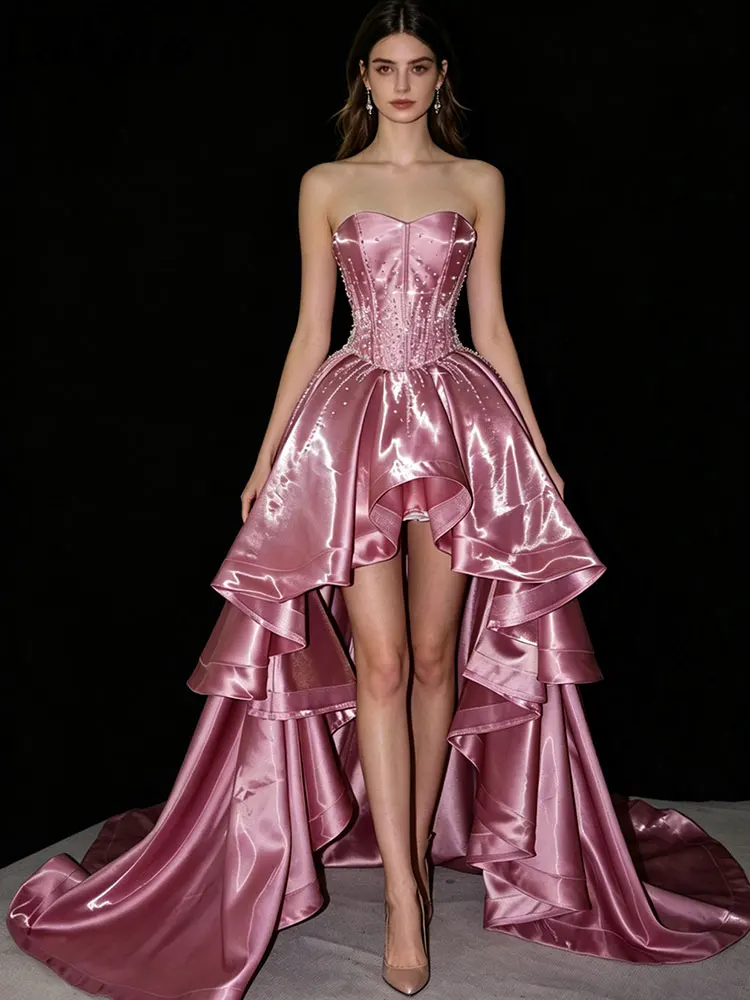 

Lautaro Spring Long Luxury Sleeveless Strapless Pink RhinestoneElegant Evening Party Wedding Birthday Prom Dress for Women Dress