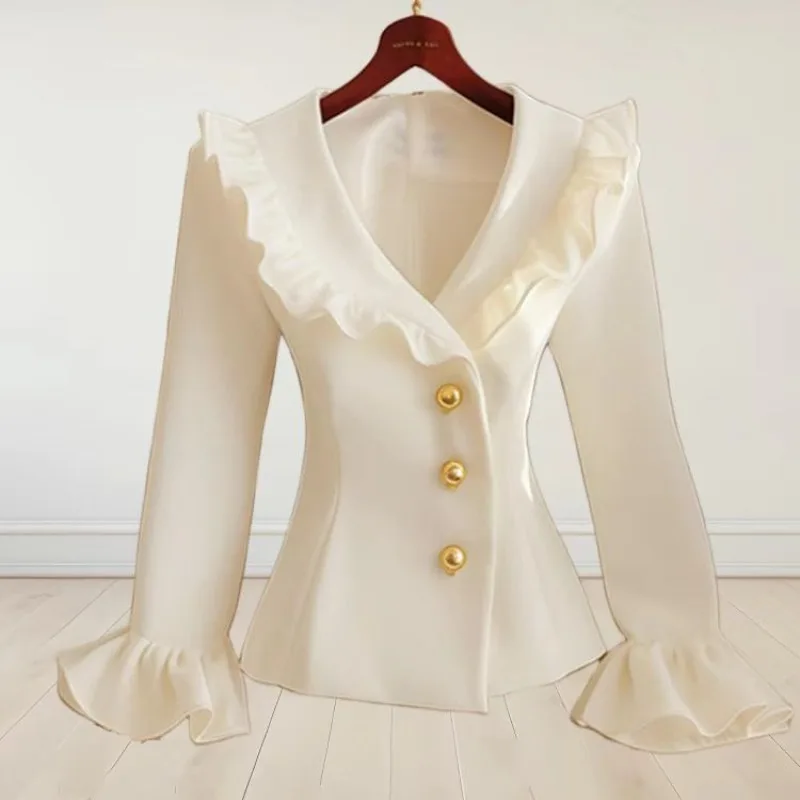 

French Ruffles Slim White Tight Waist Single-breasted Y2k Coats Women Crop Top Elegant Office Lady Outwear Spring Autumn JJ194