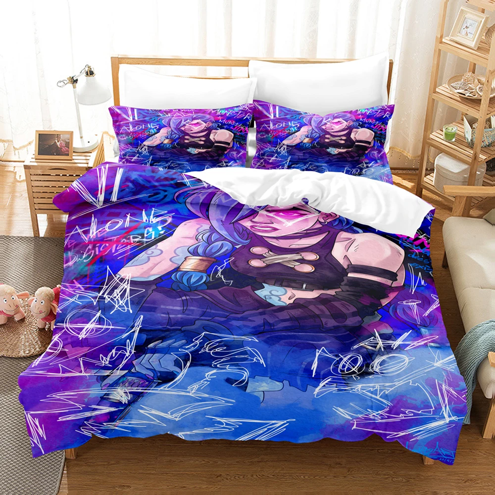 Cartoon Jinx Arcane: League of Legends Conjunto de cama King Twin Double Child Conjunto de capa de edredom de microfibra ou poliéster de 3 peças