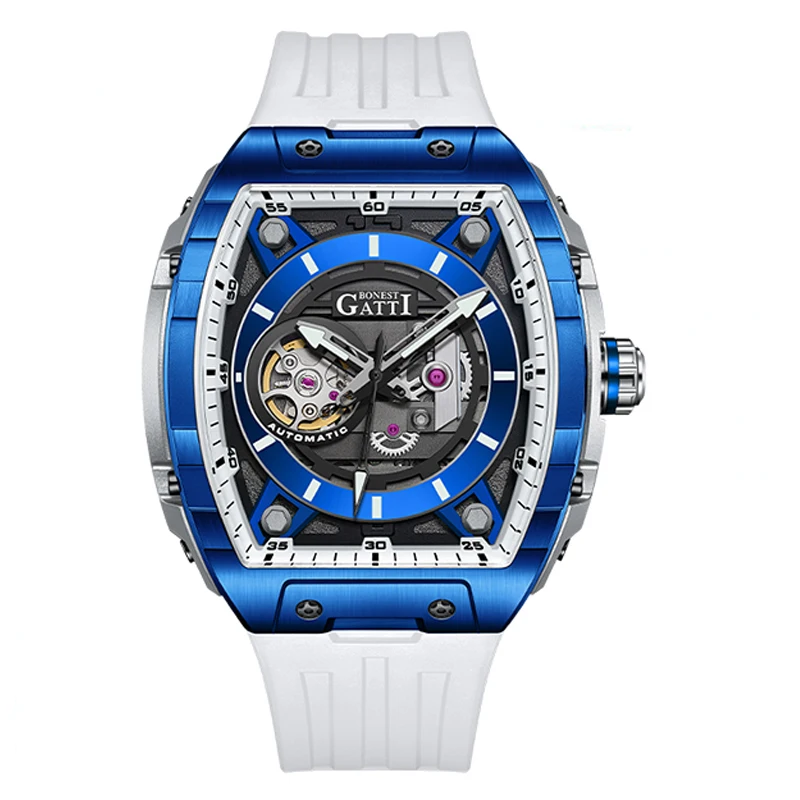 

BONEST GATTI Men Automatic Watch Fashion Tonneau Mechanical Wristwatch Skeleton Waterproof Sapphire Luminous Fluororubber Strap