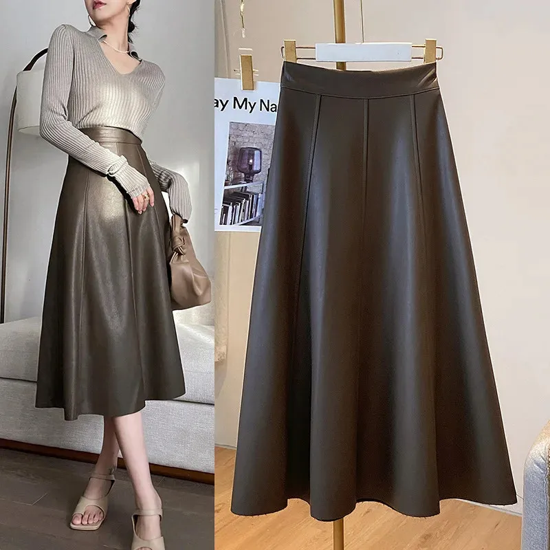 

Trendy Brown Midi Long Faux Leather Skirt Women 2024 Autumn Winter Fashion A-Line Skirt Office Lady Elegant PU Skirt Female