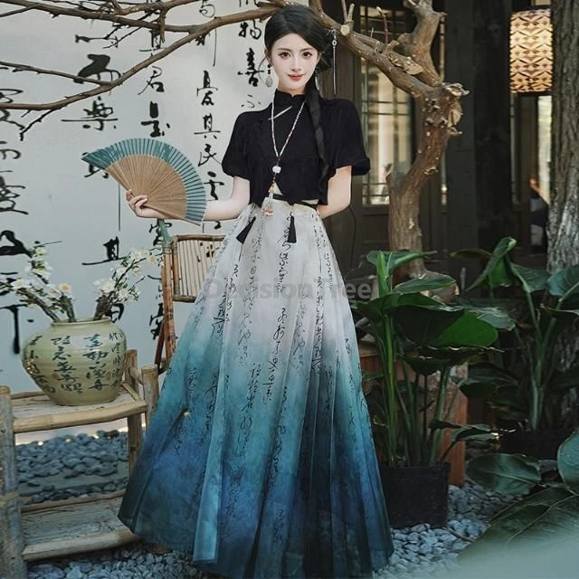 Daily Chinese Style Ink Painting Hanfu Dress Suit Buckle Blouse Tassel Horse Face Skirt Original Women Improved Modern Hanfu
