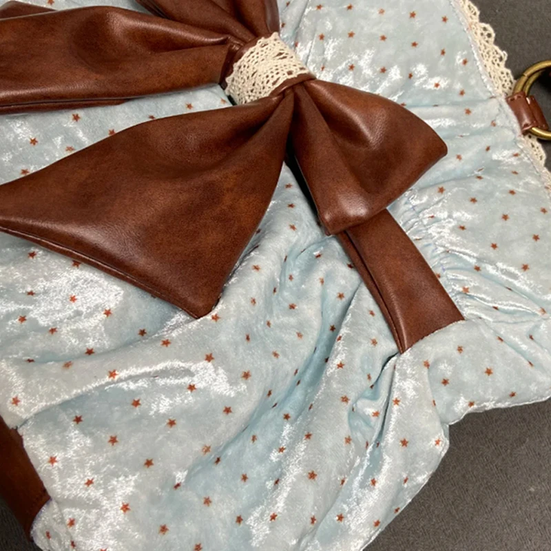 Große Umhängetasche mit Schleife und Polka-Dot-Muster, Samt-Textur, koreanische Damen-Umhängetasche, Y2k Lolita Mädchen Süße Vintage Uniform Tragetasche – Detail 3