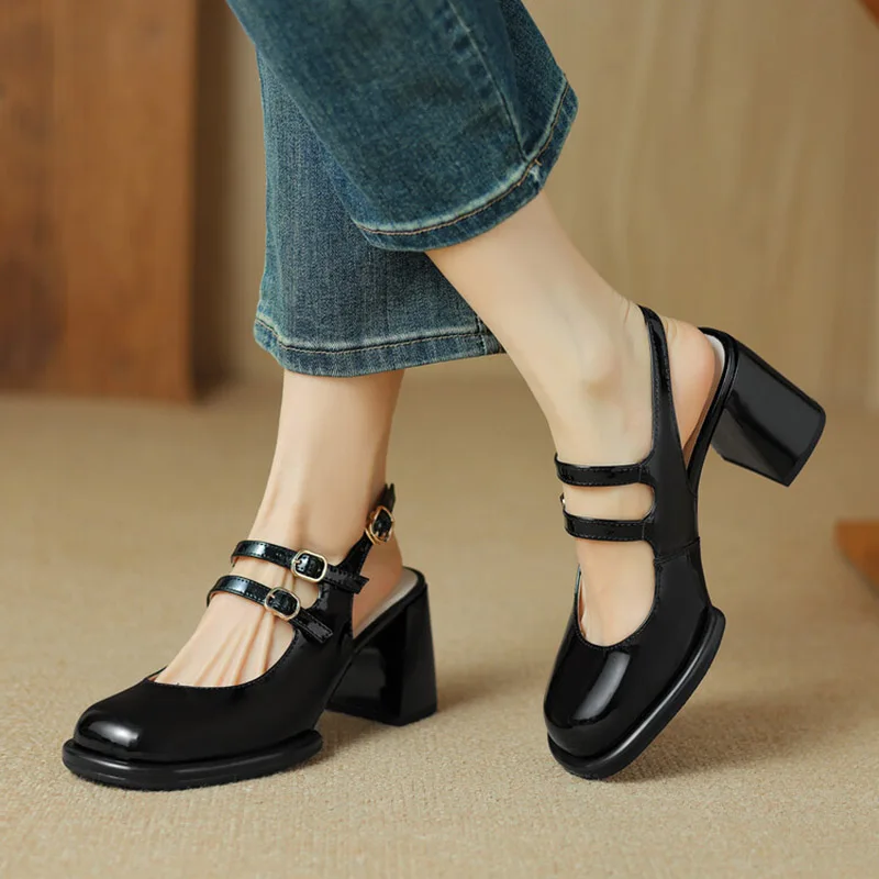 

Phoentin genuine leather sandals for women 2024 new slingbacks narrow bands mary janes chunky high heels ladies shoes FT3495