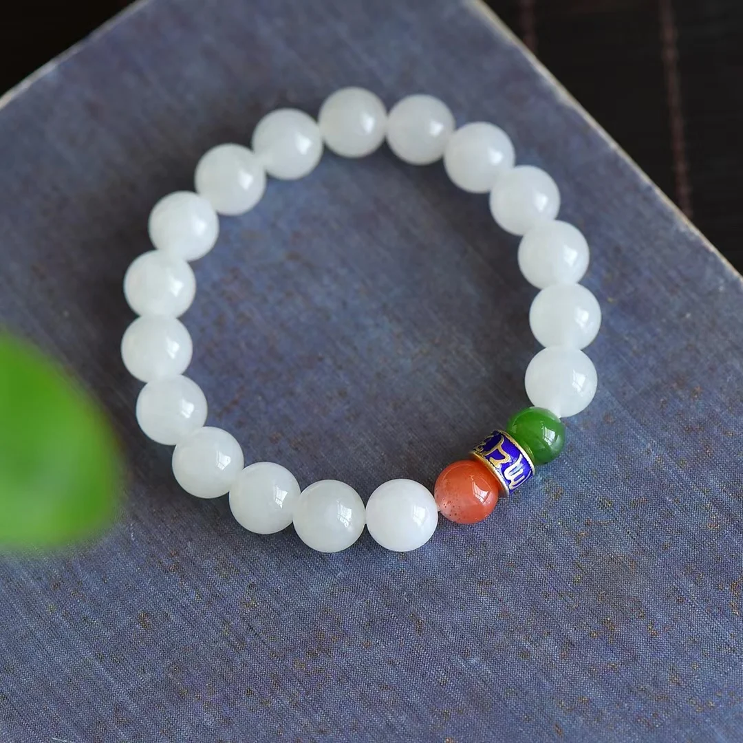 

New Hetian Jade Round Beads and Cloisonné Enamel Duobao Bracelet Jewelry 9512#